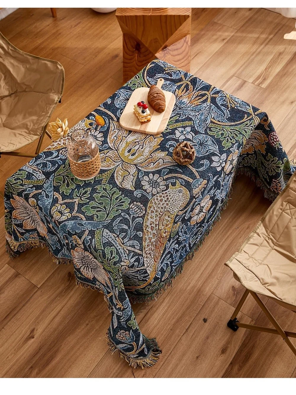 Floral Bird Woven Throw Blanket - Navy, Gold, Green 50X70